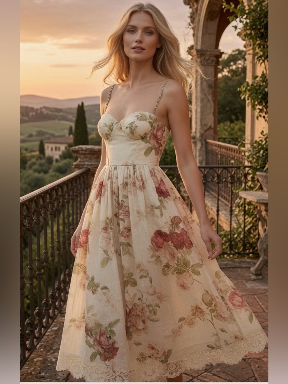 Zimmermann Cream Floral Tie-Shoulder Midi Dress size AU 2 US 8